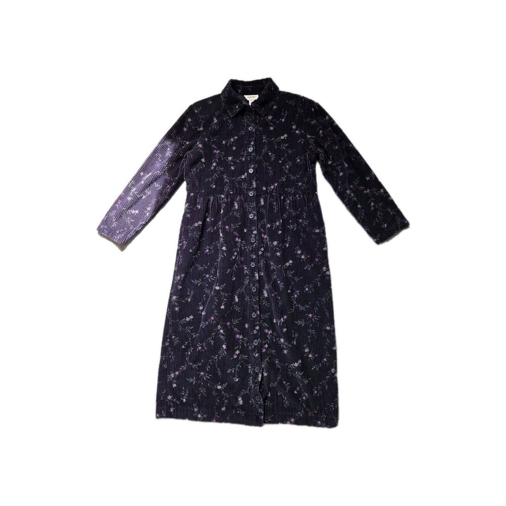 Vintage Talbots Petites Navy Floral Corduroy Shirt Dress Pockets Size 4 GUC